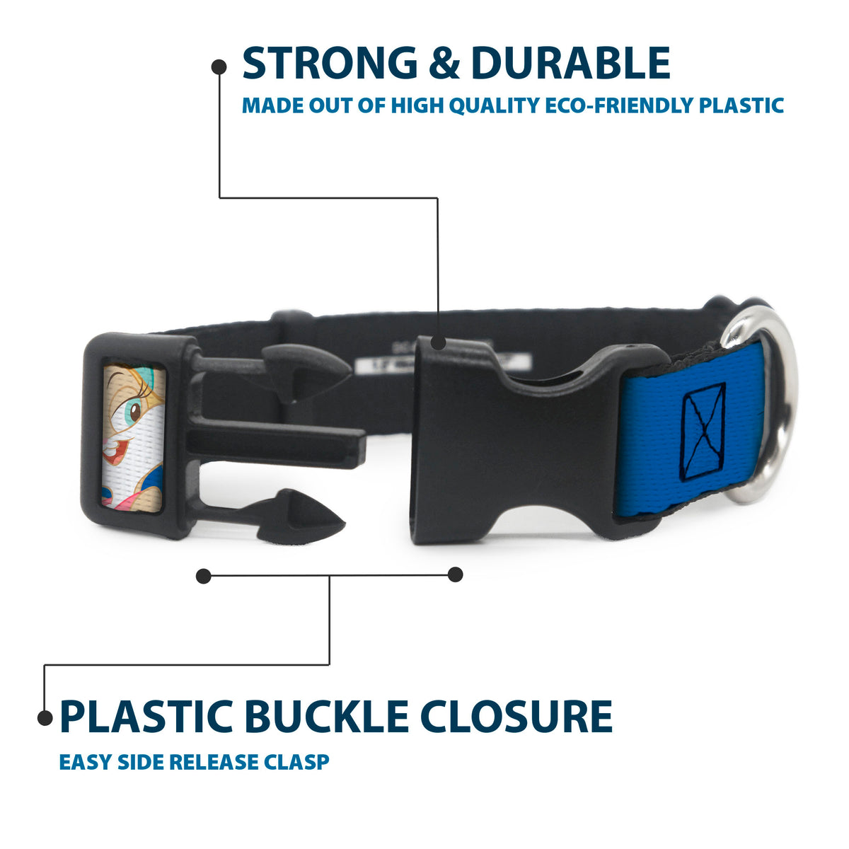 Plastic Clip Collar - Looney Tunes Seven Character Faces Stacked Blue Dog Collars Plastic Clip Side Release Looney Tunes