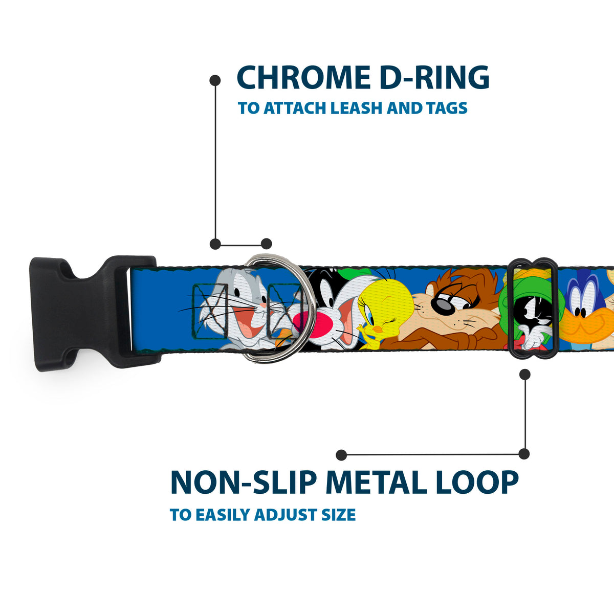 Plastic Clip Collar - Looney Tunes Seven Character Faces Stacked Blue Dog Collars Plastic Clip Side Release Looney Tunes