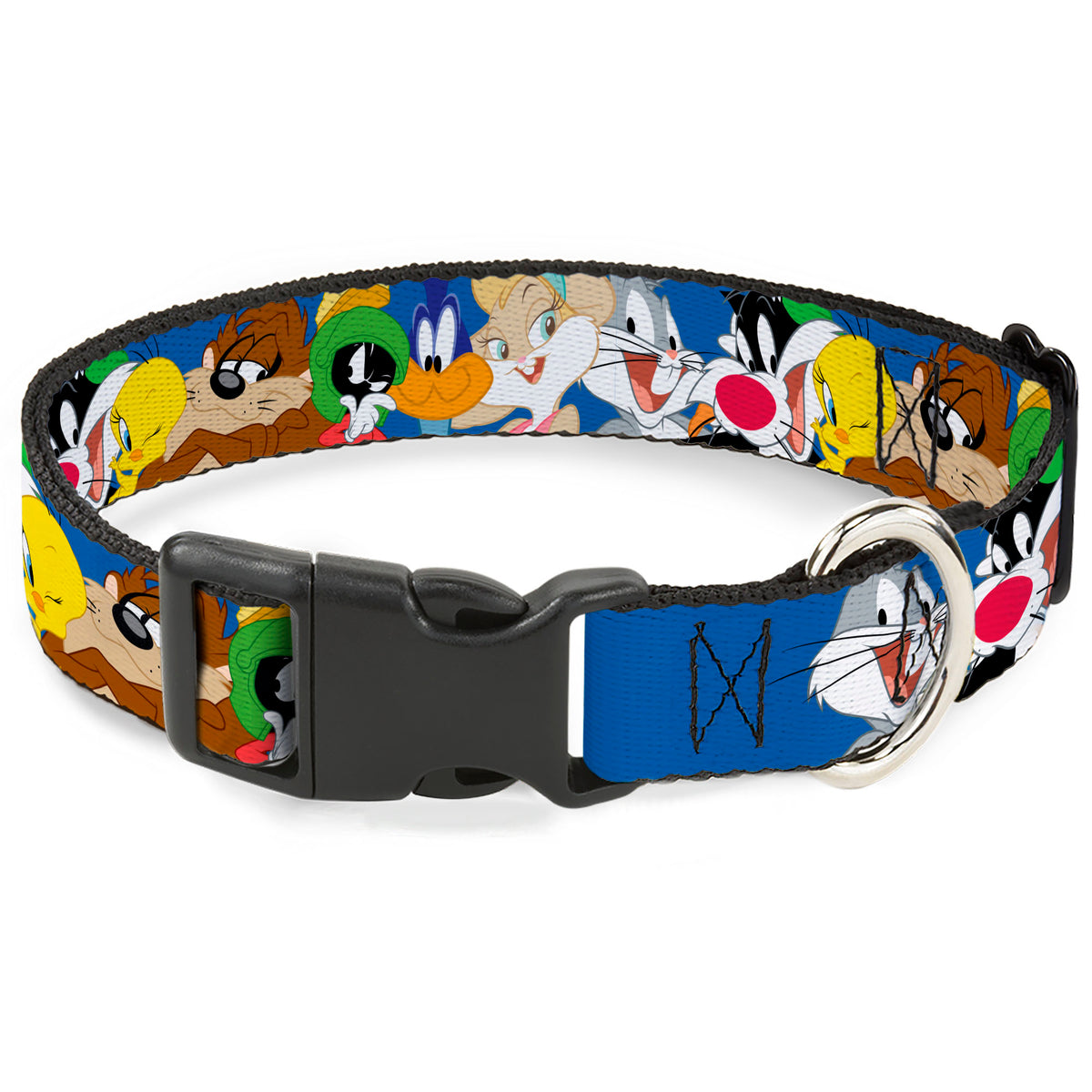 Plastic Clip Collar - Looney Tunes Seven Character Faces Stacked Blue Dog Collars Plastic Clip Side Release Looney Tunes