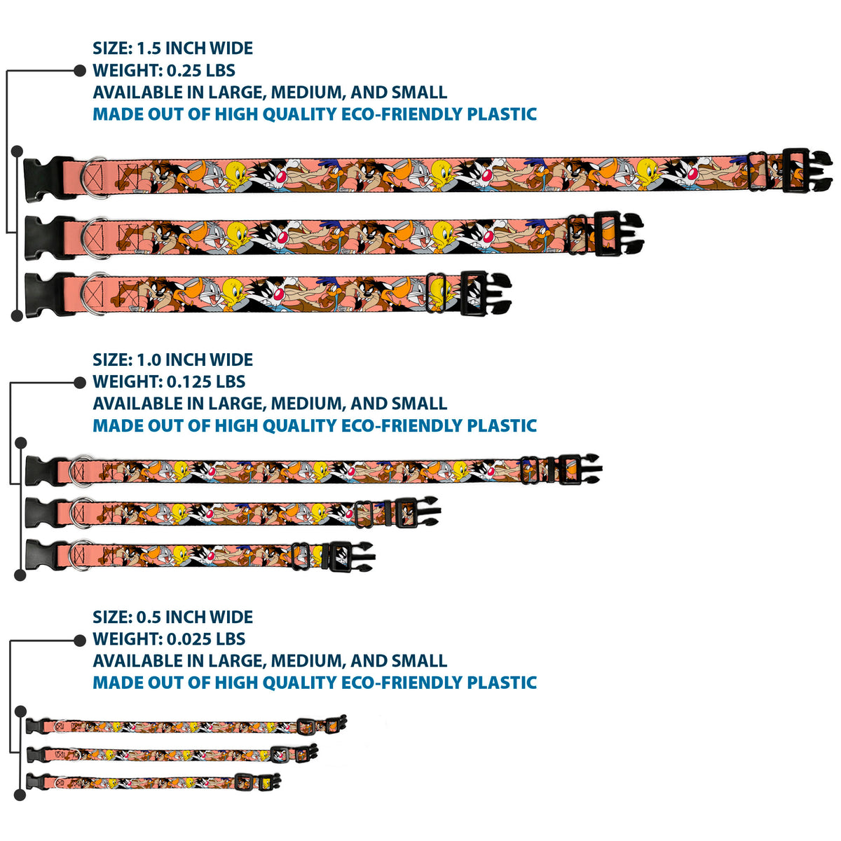 Plastic Clip Collar - Looney Tunes Seven Character Poses Stacked Peach Dog Collars Plastic Clip Side Release Looney Tunes