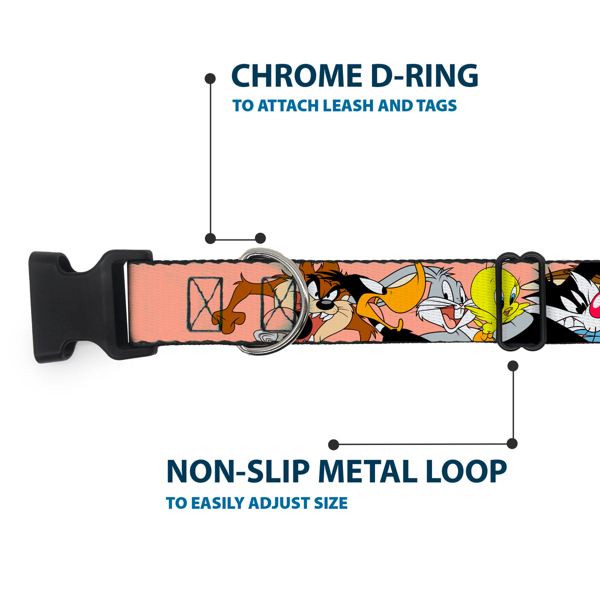 Plastic Clip Collar - Looney Tunes Seven Character Poses Stacked Peach Dog Collars Plastic Clip Side Release Looney Tunes