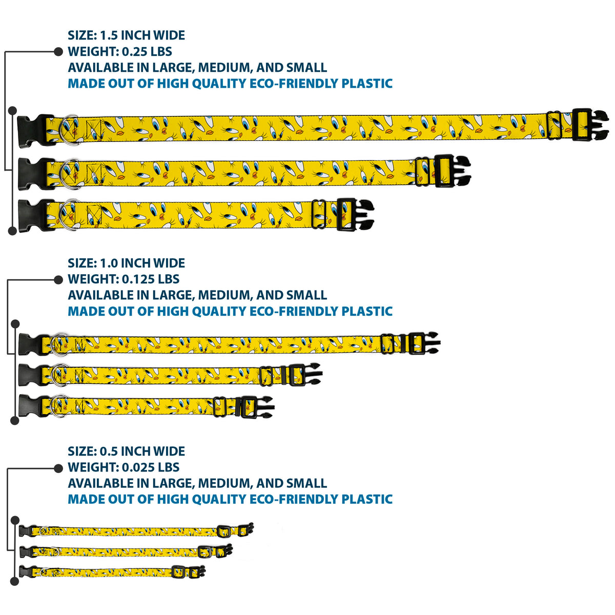 Plastic Clip Collar - Tweety Expression and Eyes Scattered Yellow Dog Collars Plastic Clip Side Release Looney Tunes