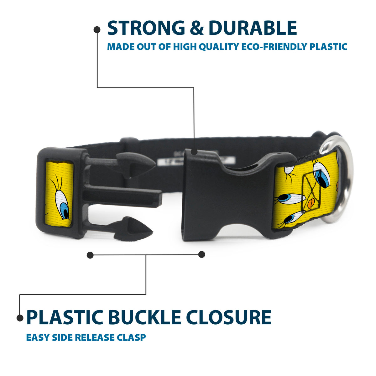 Plastic Clip Collar - Tweety Expression and Eyes Scattered Yellow Dog Collars Plastic Clip Side Release Looney Tunes