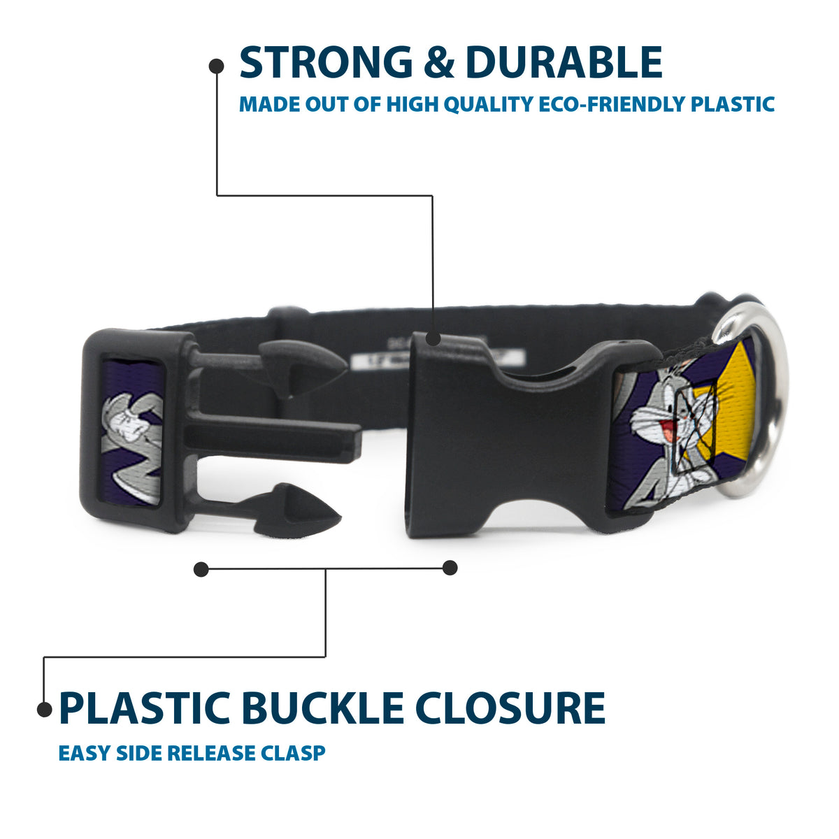 Plastic Clip Collar - Bugs Bunny Poses/Stars Navy Dog Collars Plastic Clip Side Release Looney Tunes