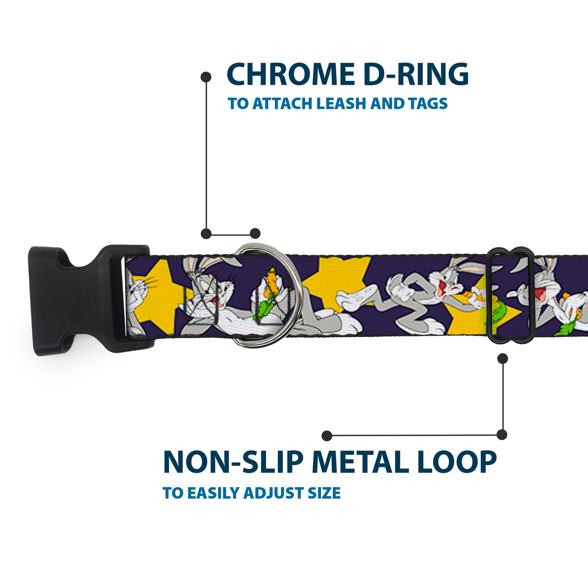 Plastic Clip Collar - Bugs Bunny Poses/Stars Navy Dog Collars Plastic Clip Side Release Looney Tunes