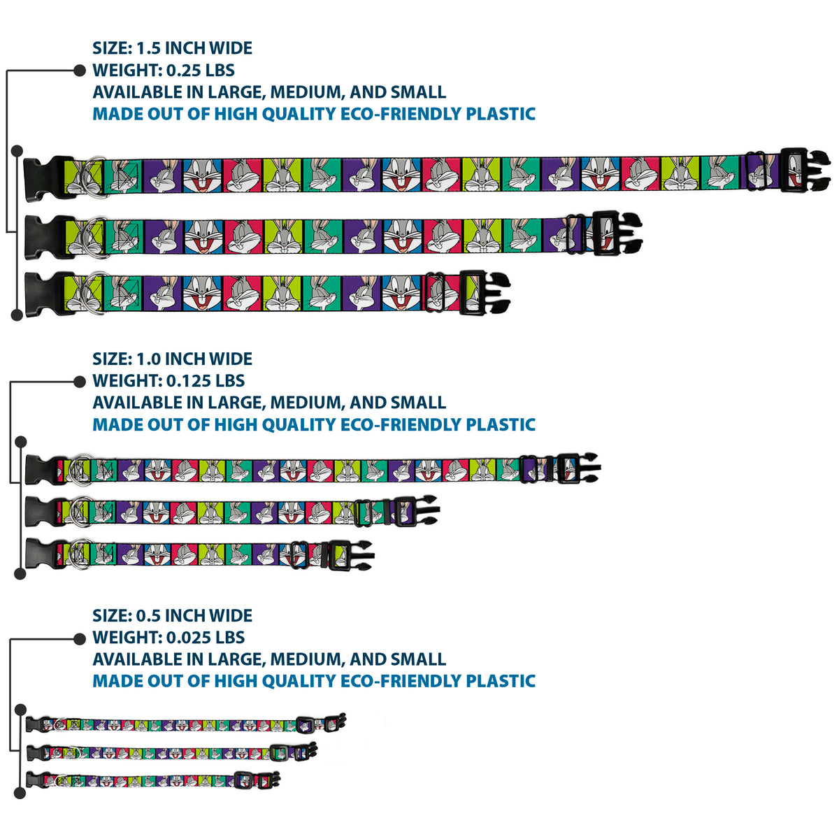 Plastic Clip Collar - Bugs Bunny Expression Blocks Multi Color Dog Collars Plastic Clip Side Release Looney Tunes