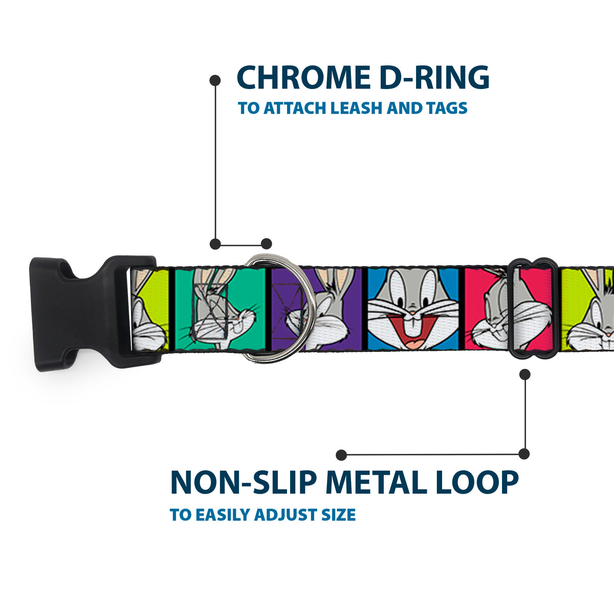 Plastic Clip Collar - Bugs Bunny Expression Blocks Multi Color Dog Collars Plastic Clip Side Release Looney Tunes