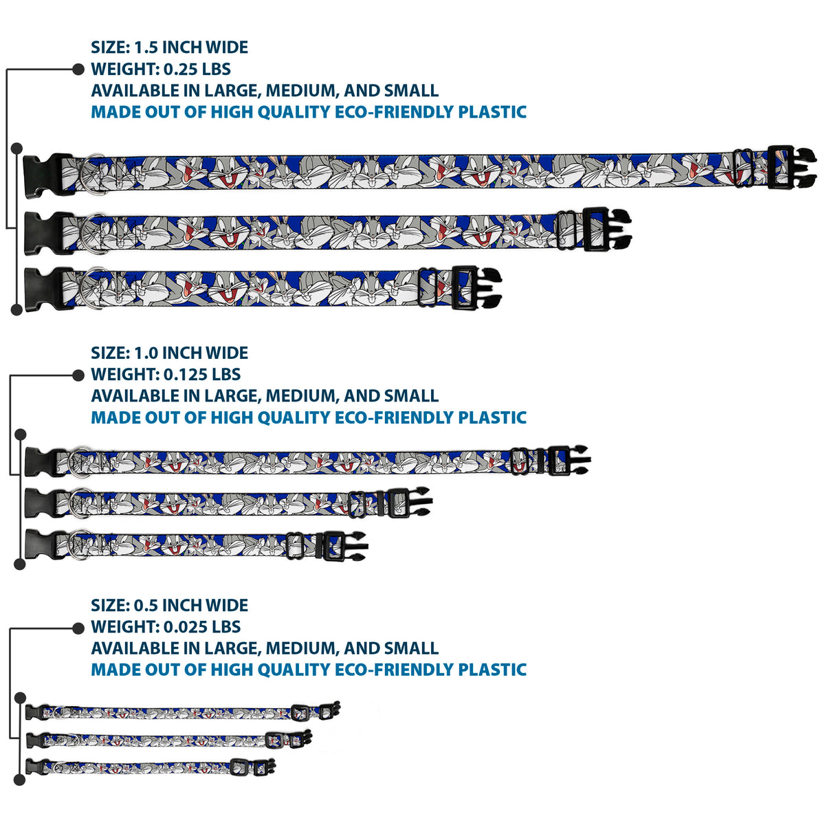 Plastic Clip Collar - Bugs Bunny CLOSE-UP Poses Blue Dog Collars Plastic Clip Side Release Looney Tunes
