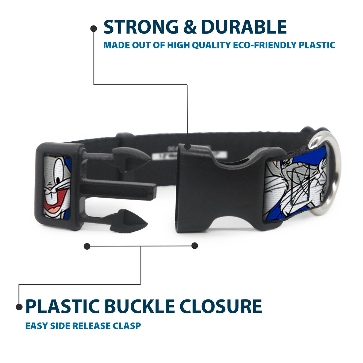 Plastic Clip Collar - Bugs Bunny CLOSE-UP Poses Blue Dog Collars Plastic Clip Side Release Looney Tunes