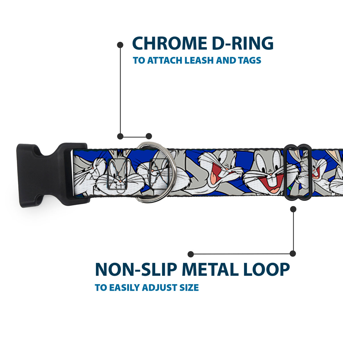 Plastic Clip Collar - Bugs Bunny CLOSE-UP Poses Blue Dog Collars Plastic Clip Side Release Looney Tunes