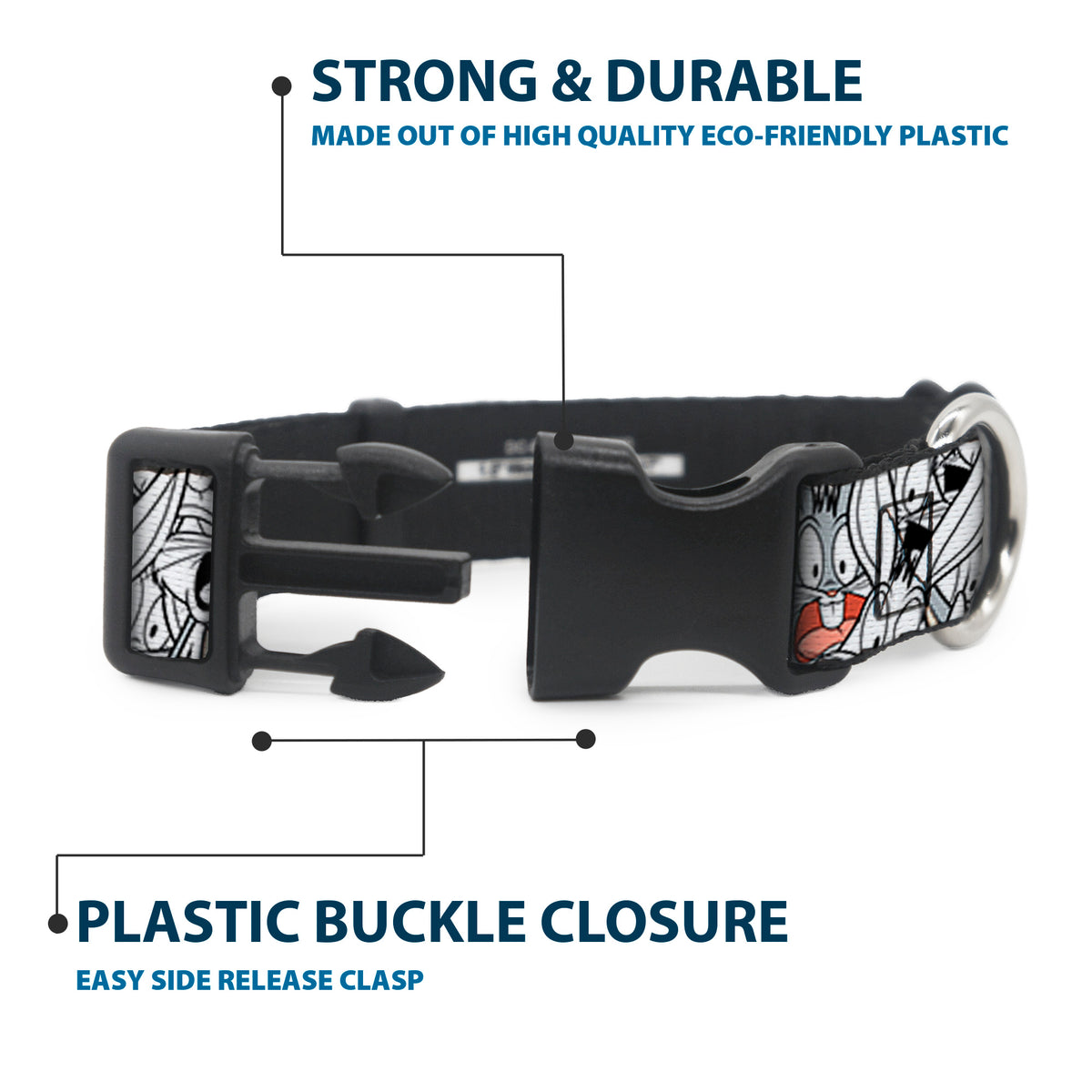 Plastic Clip Collar - Bugs Bunny Expressions Stacked White/Black/Gray Dog Collars Plastic Clip Side Release Looney Tunes