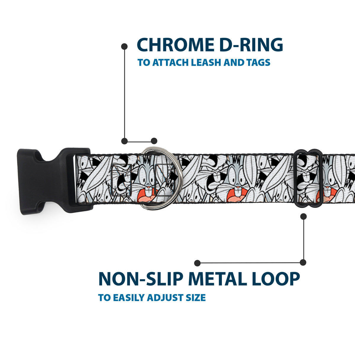 Plastic Clip Collar - Bugs Bunny Expressions Stacked White/Black/Gray Dog Collars Plastic Clip Side Release Looney Tunes