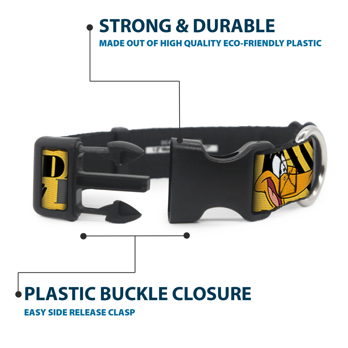 Plastic Clip Collar - DAFFY DUCK w/Poses Yellow/Black Dog Collars Plastic Clip Side Release Looney Tunes