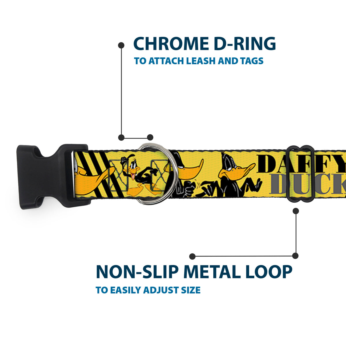 Plastic Clip Collar - DAFFY DUCK w/Poses Yellow/Black Dog Collars Plastic Clip Side Release Looney Tunes