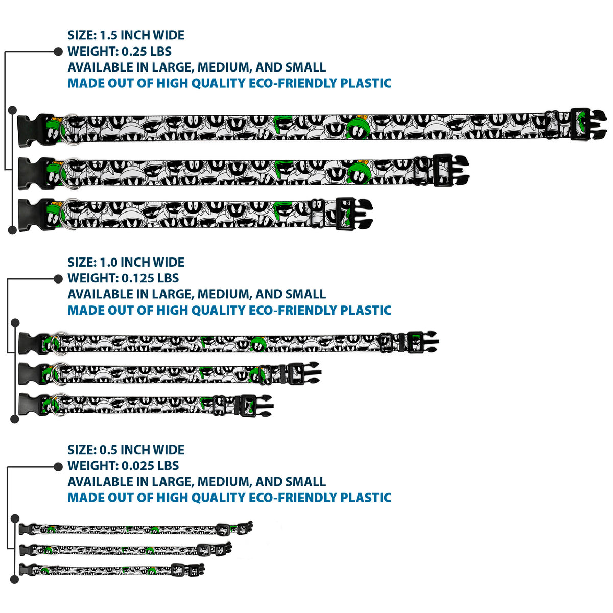 Plastic Clip Collar - Marvin the Martian Expressions Stacked White/Black/Green/Gold Dog Collars Plastic Clip Side Release Looney Tunes