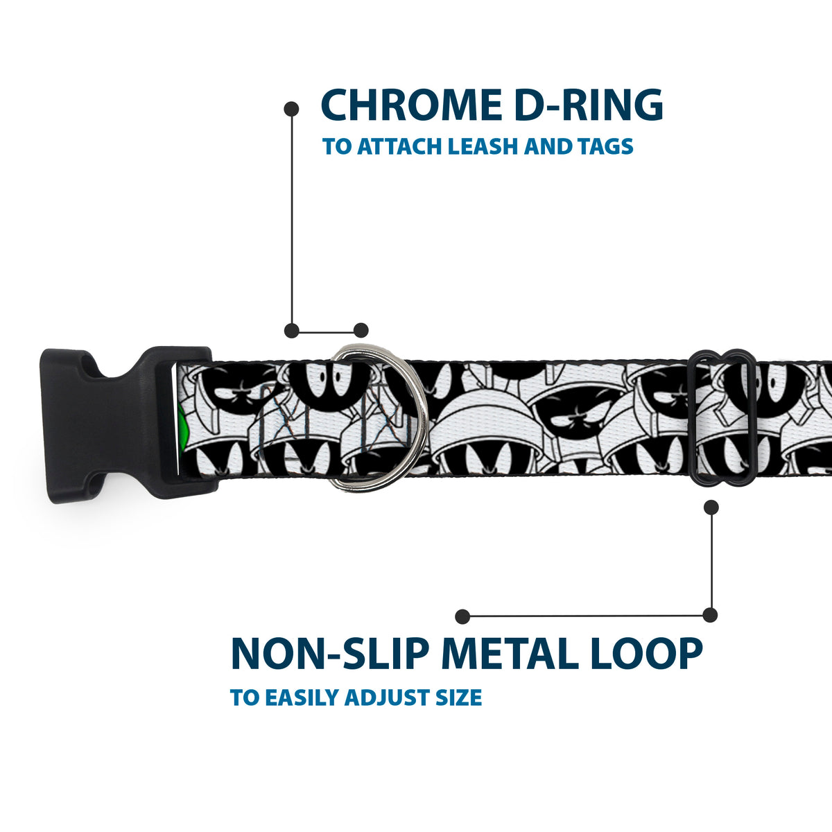 Plastic Clip Collar - Marvin the Martian Expressions Stacked White/Black/Green/Gold Dog Collars Plastic Clip Side Release Looney Tunes