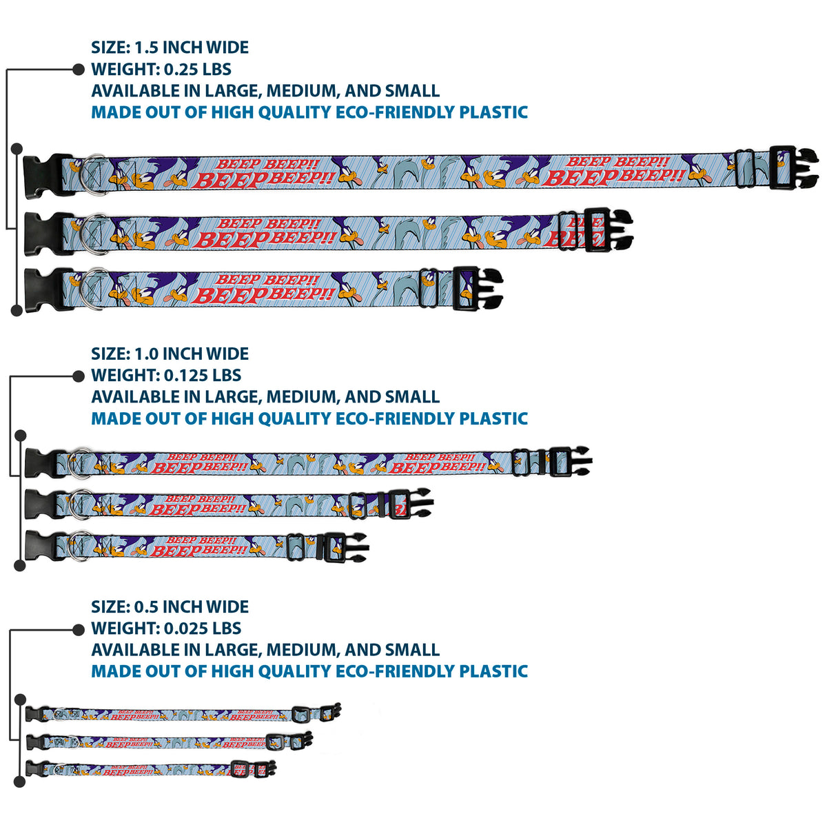 Plastic Clip Collar - MEEP MEEP!! w/Road Runner Poses Baby Blue Dog Collars Plastic Clip Side Release Looney Tunes