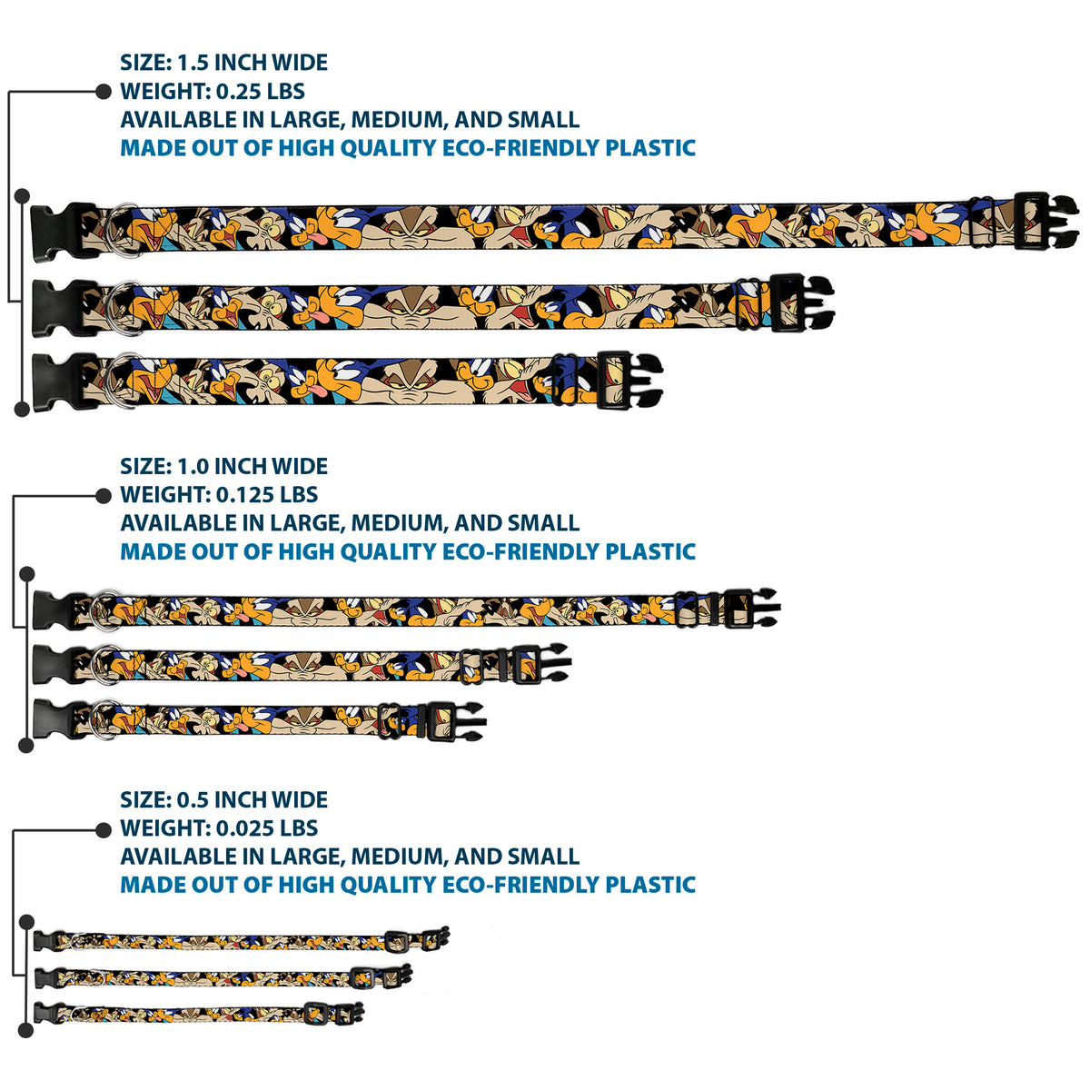 Plastic Clip Collar - Road Runner/Wile E. Coyote Expressions Stacked Black Dog Collars Plastic Clip Side Release Looney Tunes
