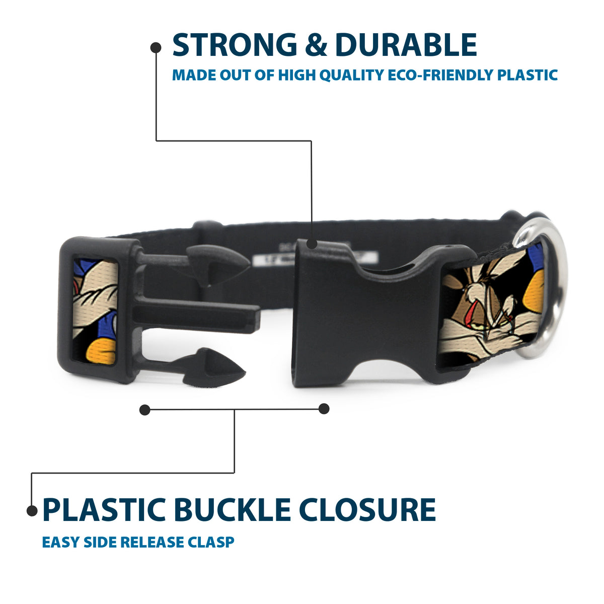 Plastic Clip Collar - Road Runner/Wile E. Coyote Expressions Stacked Black Dog Collars Plastic Clip Side Release Looney Tunes