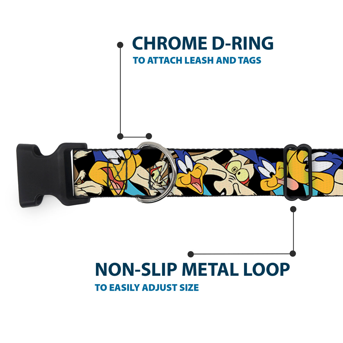 Plastic Clip Collar - Road Runner/Wile E. Coyote Expressions Stacked Black Dog Collars Plastic Clip Side Release Looney Tunes
