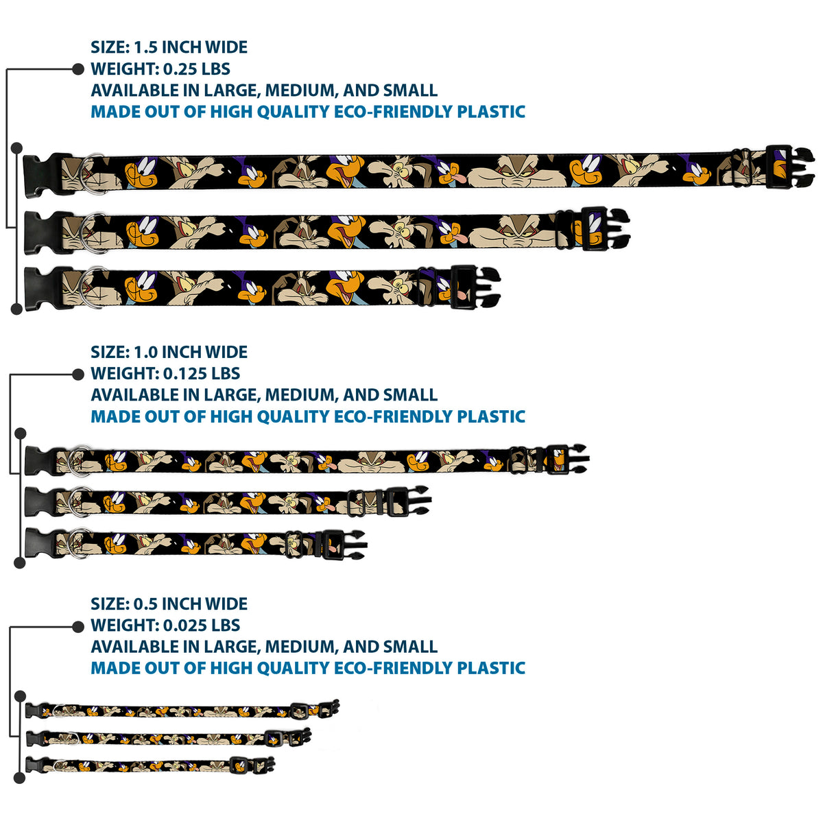 Plastic Clip Collar - Road Runner/Wile E. Coyote Expressions CLOSE-UP Black Dog Collars Plastic Clip Side Release Looney Tunes