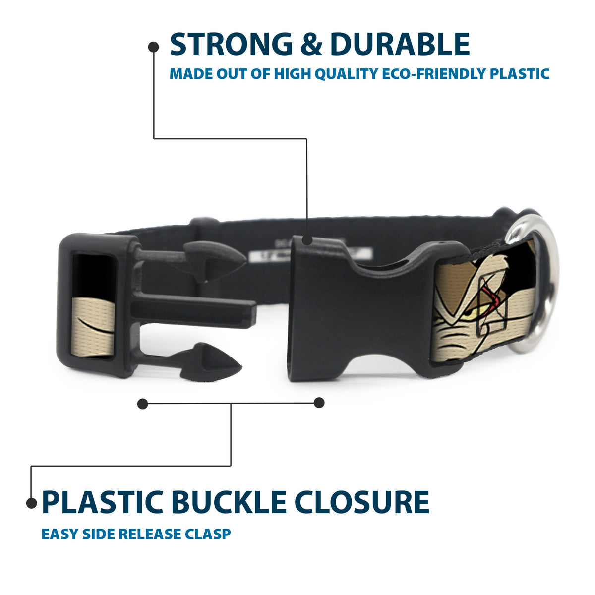 Plastic Clip Collar - Road Runner/Wile E. Coyote Expressions CLOSE-UP Black Dog Collars Plastic Clip Side Release Looney Tunes