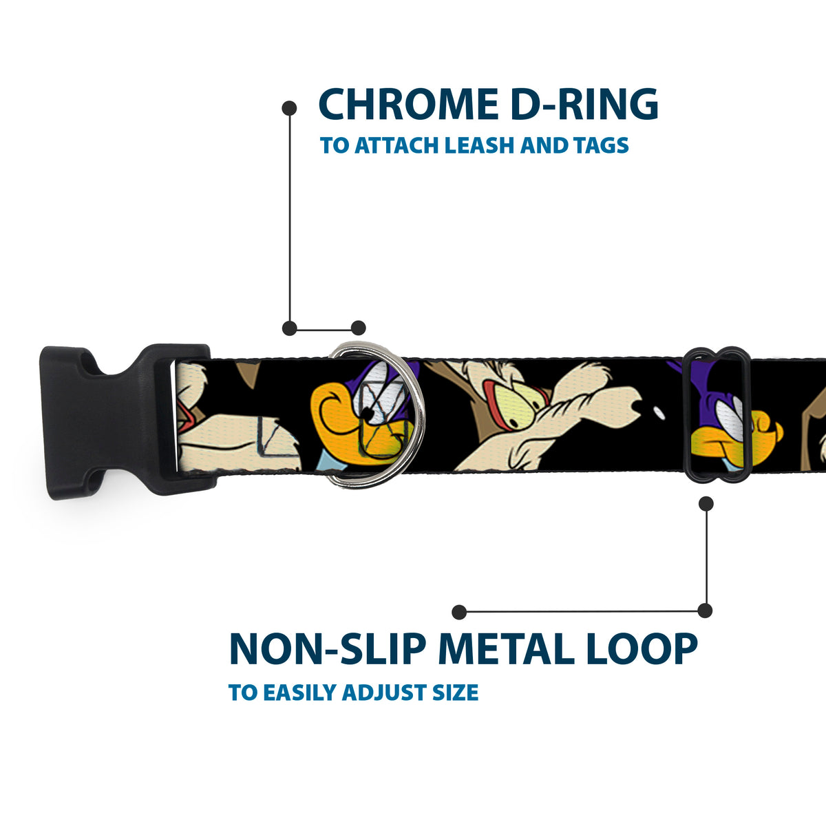 Plastic Clip Collar - Road Runner/Wile E. Coyote Expressions CLOSE-UP Black Dog Collars Plastic Clip Side Release Looney Tunes