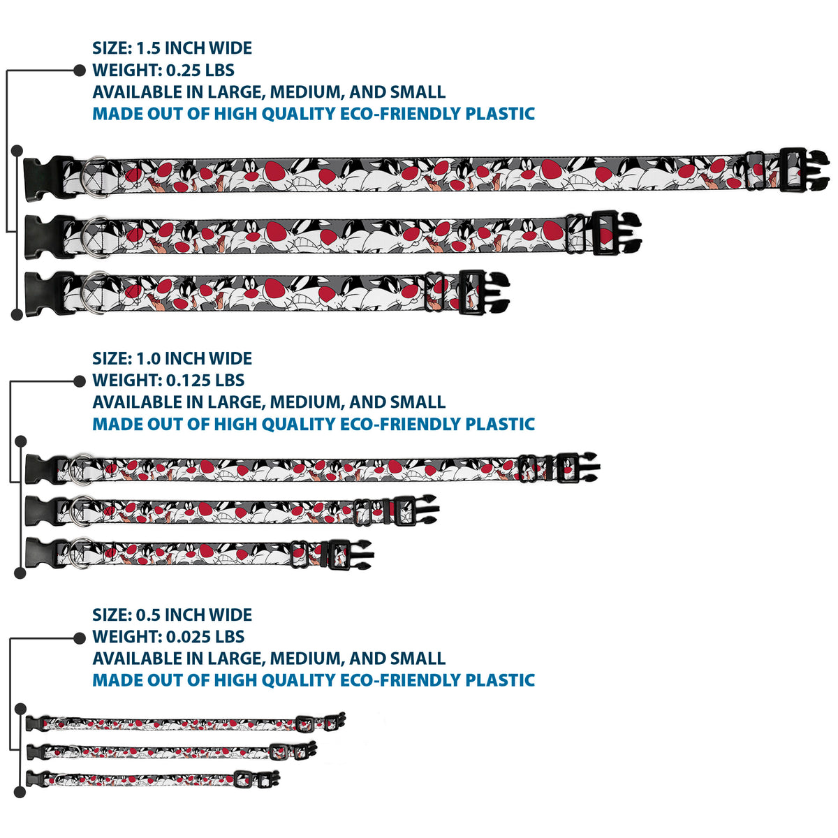 Plastic Clip Collar - Sylvester the Cat Expressions Gray Dog Collars Plastic Clip Side Release Looney Tunes