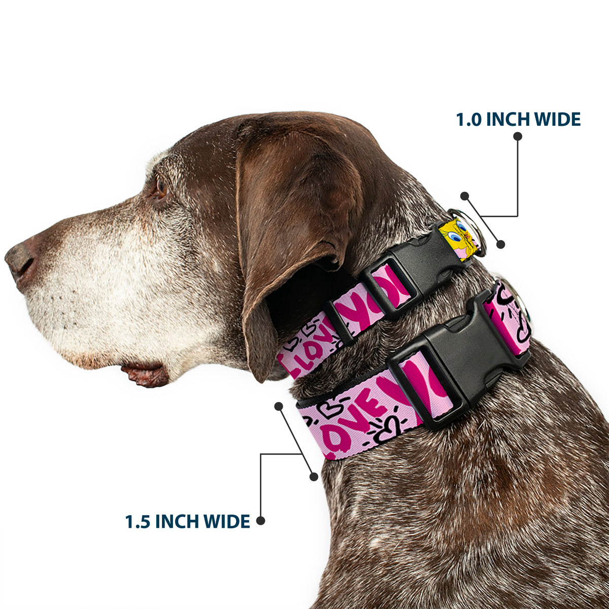 Plastic Clip Collar - Tweety Bird I LOVE YOU Pink/Black Dog Collars Plastic Clip Side Release Looney Tunes