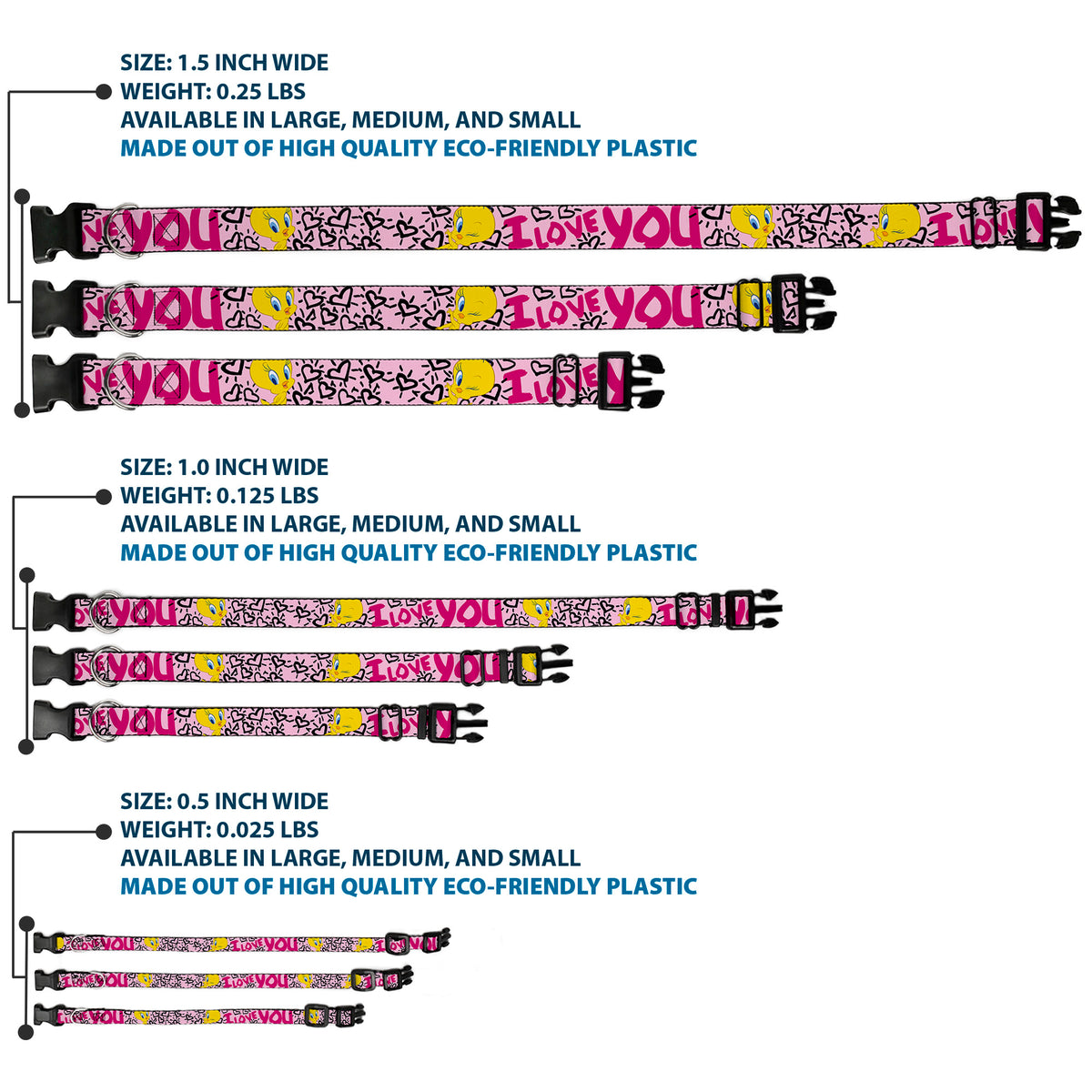 Plastic Clip Collar - Tweety Bird I LOVE YOU Pink/Black Dog Collars Plastic Clip Side Release Looney Tunes