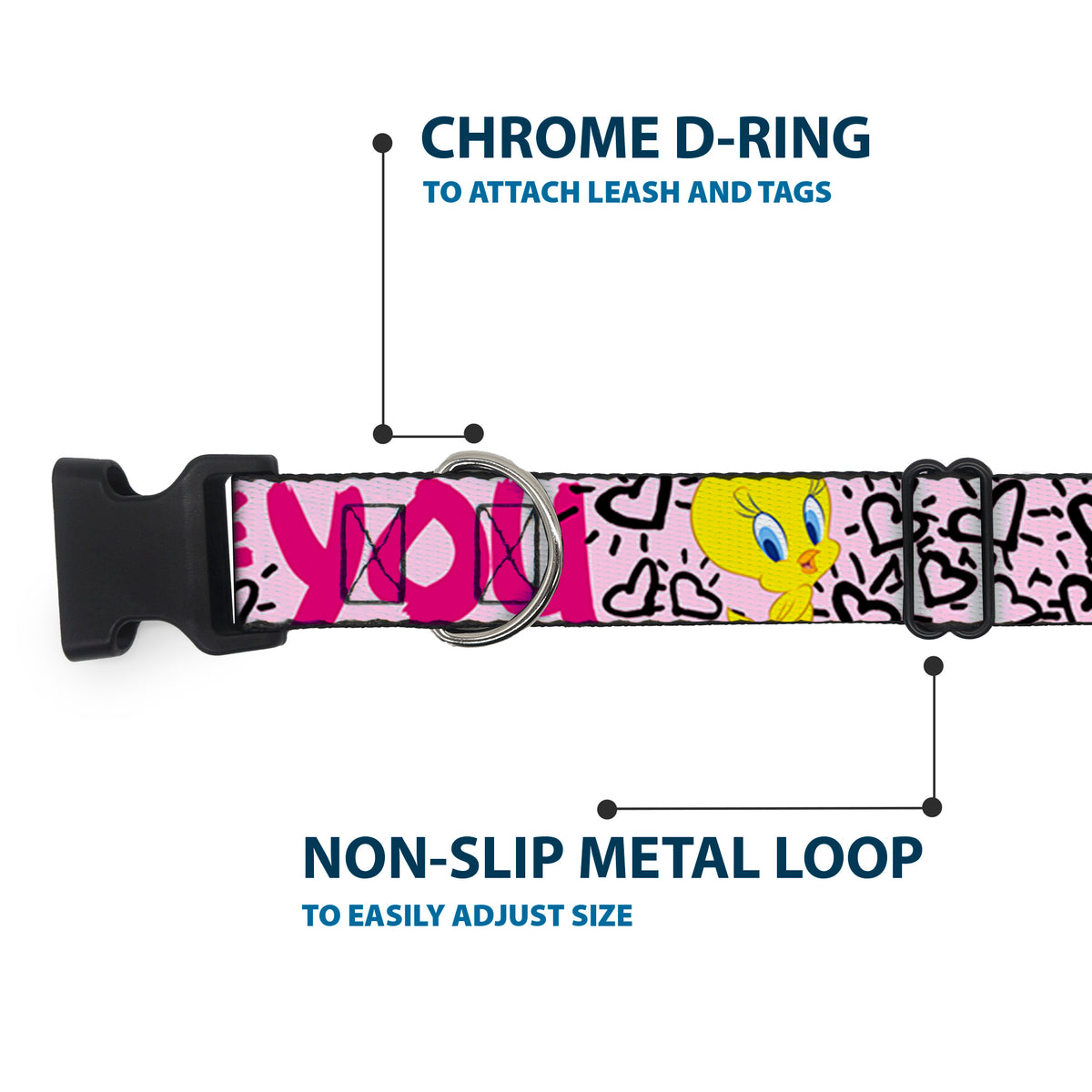 Plastic Clip Collar - Tweety Bird I LOVE YOU Pink/Black Dog Collars Plastic Clip Side Release Looney Tunes