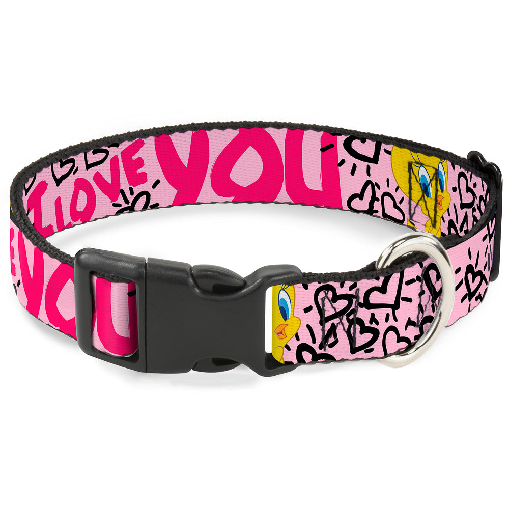 Plastic Clip Collar - Tweety Bird I LOVE YOU Pink/Black Dog Collars Plastic Clip Side Release Looney Tunes