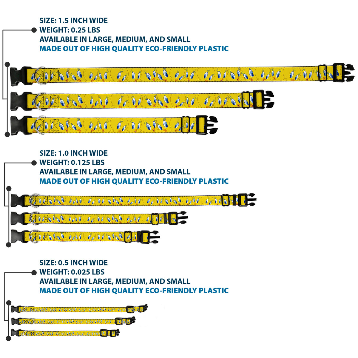 Plastic Clip Collar - Tweety Bird Expressions Yellow Dog Collars Plastic Clip Side Release Looney Tunes
