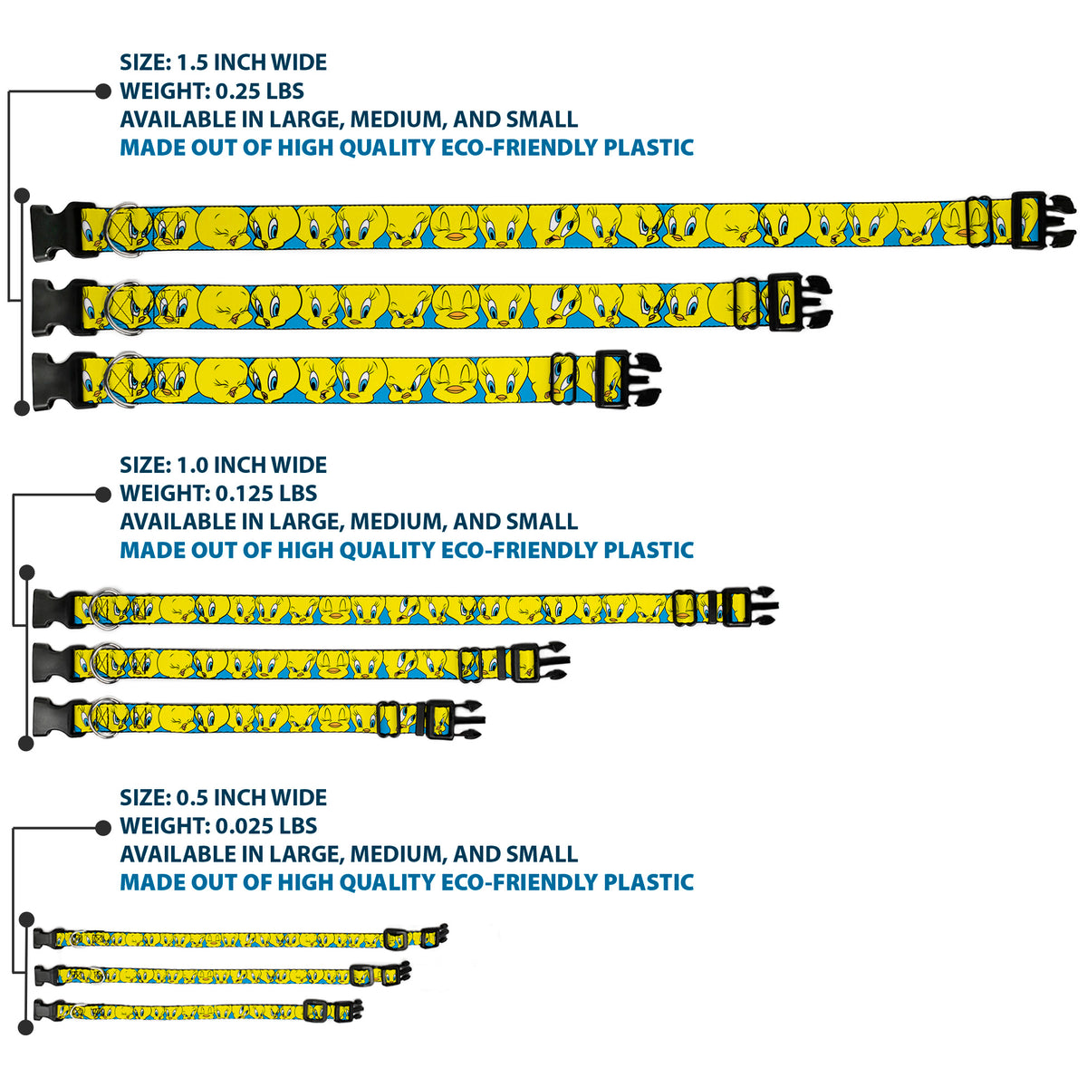 Plastic Clip Collar - Tweety Bird CLOSE-UP Expressions Baby Blue Dog Collars Plastic Clip Side Release Looney Tunes