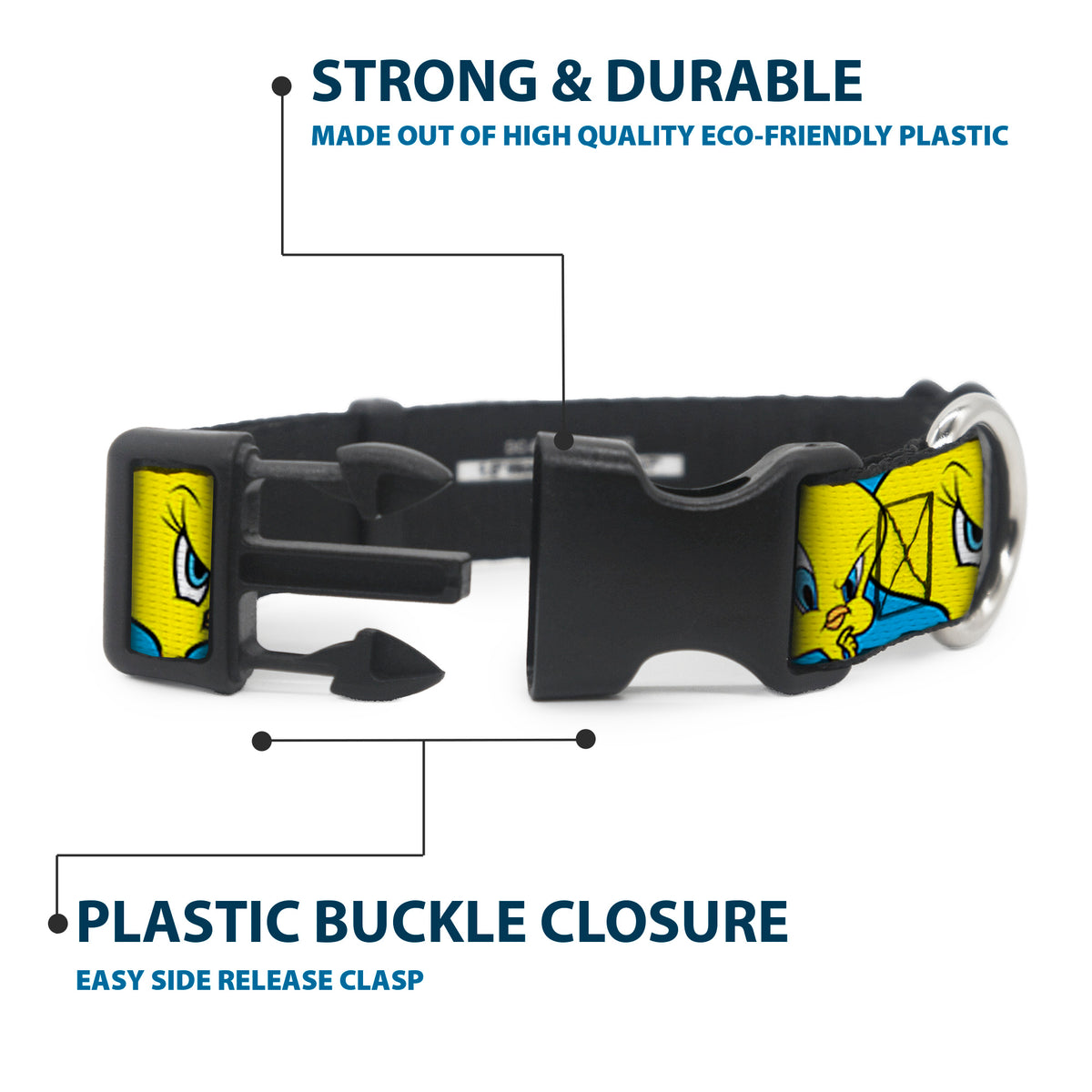 Plastic Clip Collar - Tweety Bird CLOSE-UP Expressions Baby Blue Dog Collars Plastic Clip Side Release Looney Tunes