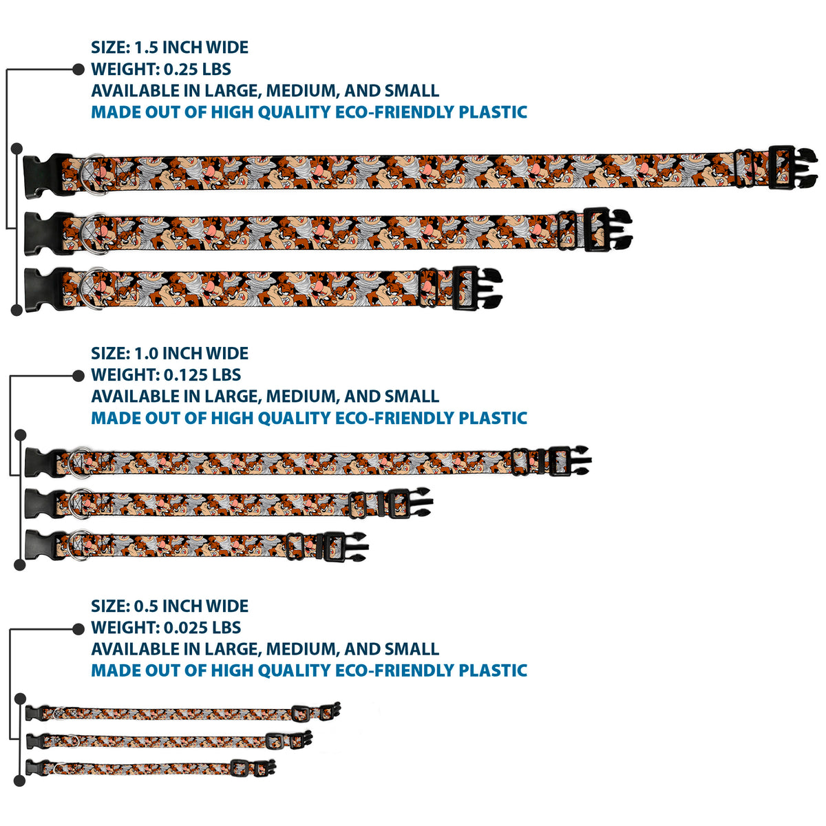 Plastic Clip Collar - Tasmanian Devil Vortex Poses Stacked Black Dog Collars Plastic Clip Side Release Looney Tunes