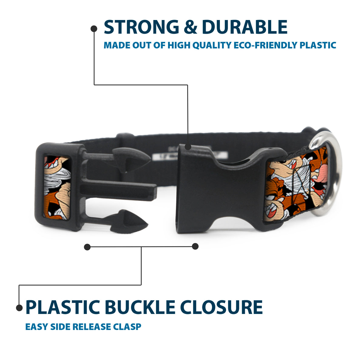 Plastic Clip Collar - Tasmanian Devil Vortex Poses Stacked Black Dog Collars Plastic Clip Side Release Looney Tunes