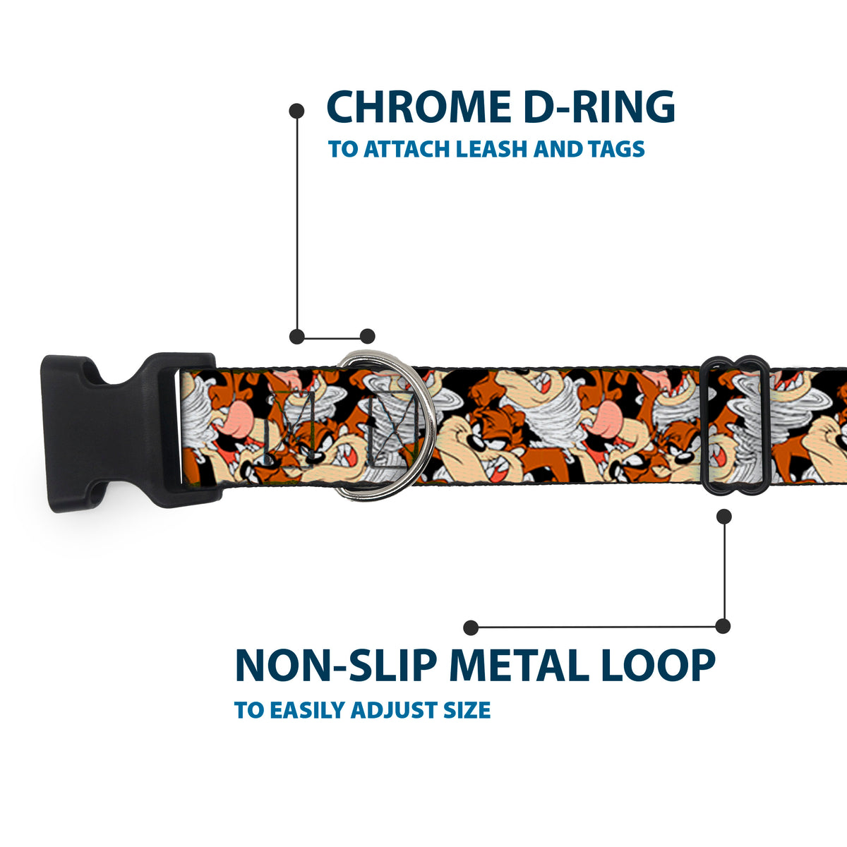 Plastic Clip Collar - Tasmanian Devil Vortex Poses Stacked Black Dog Collars Plastic Clip Side Release Looney Tunes