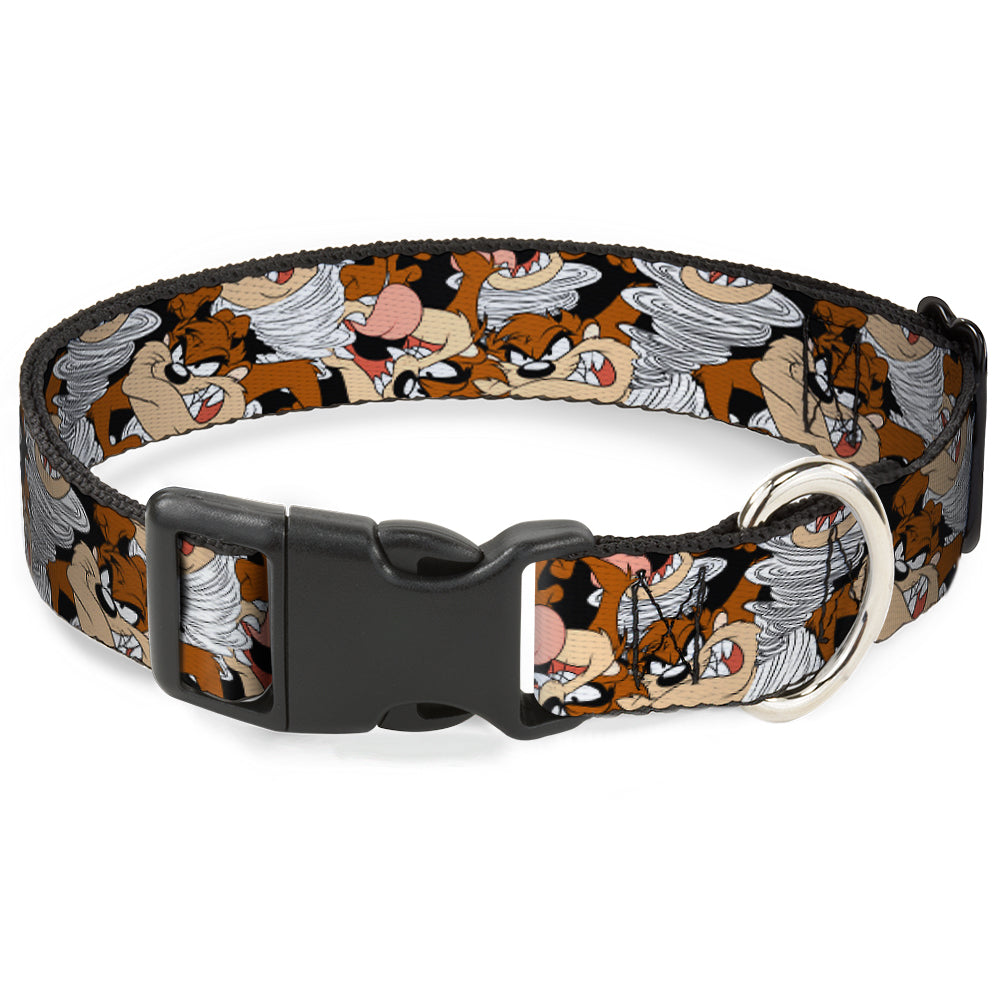 Plastic Clip Collar - Tasmanian Devil Vortex Poses Stacked Black Dog Collars Plastic Clip Side Release Looney Tunes