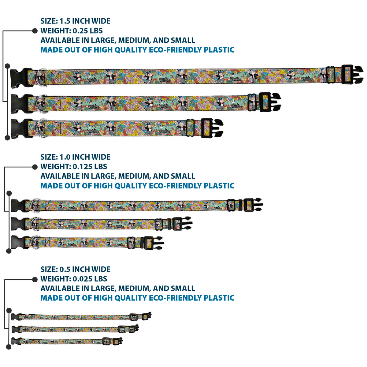 Plastic Clip Collar - Mr. Monopoly MONEY TALKS Poses Multi Color Dog Collars Plastic Clip Side Release Monopoly