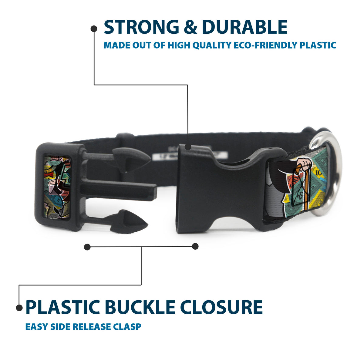 Plastic Clip Collar - Mr. Monopoly MONEY TALKS Poses Multi Color Dog Collars Plastic Clip Side Release Monopoly