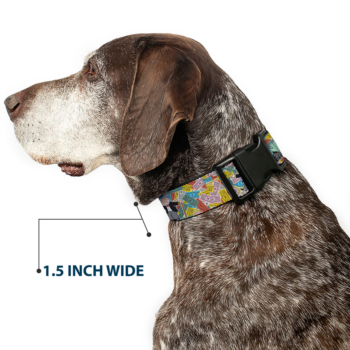 Plastic Clip Collar - Mr. Monopoly MONEY TALKS Poses Multi Color Dog Collars Plastic Clip Side Release Monopoly