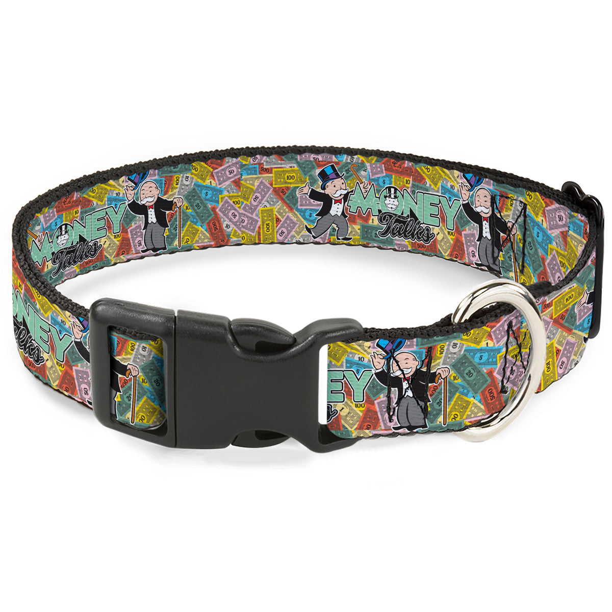 Plastic Clip Collar - Mr. Monopoly MONEY TALKS Poses Multi Color Dog Collars Plastic Clip Side Release Monopoly