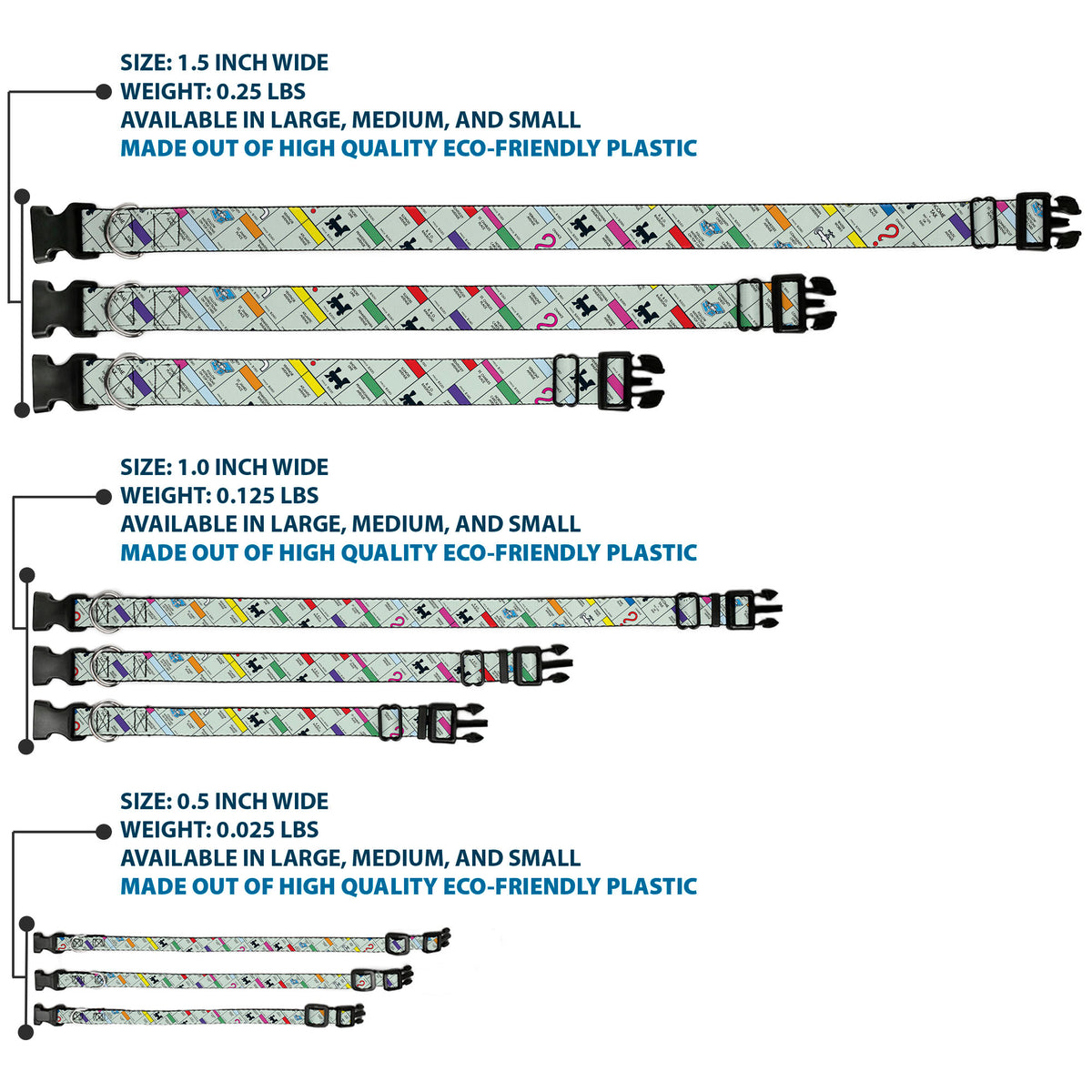 Plastic Clip Collar - Monopoly Game Board Spaces Collage Dog Collars Plastic Clip Side Release Monopoly