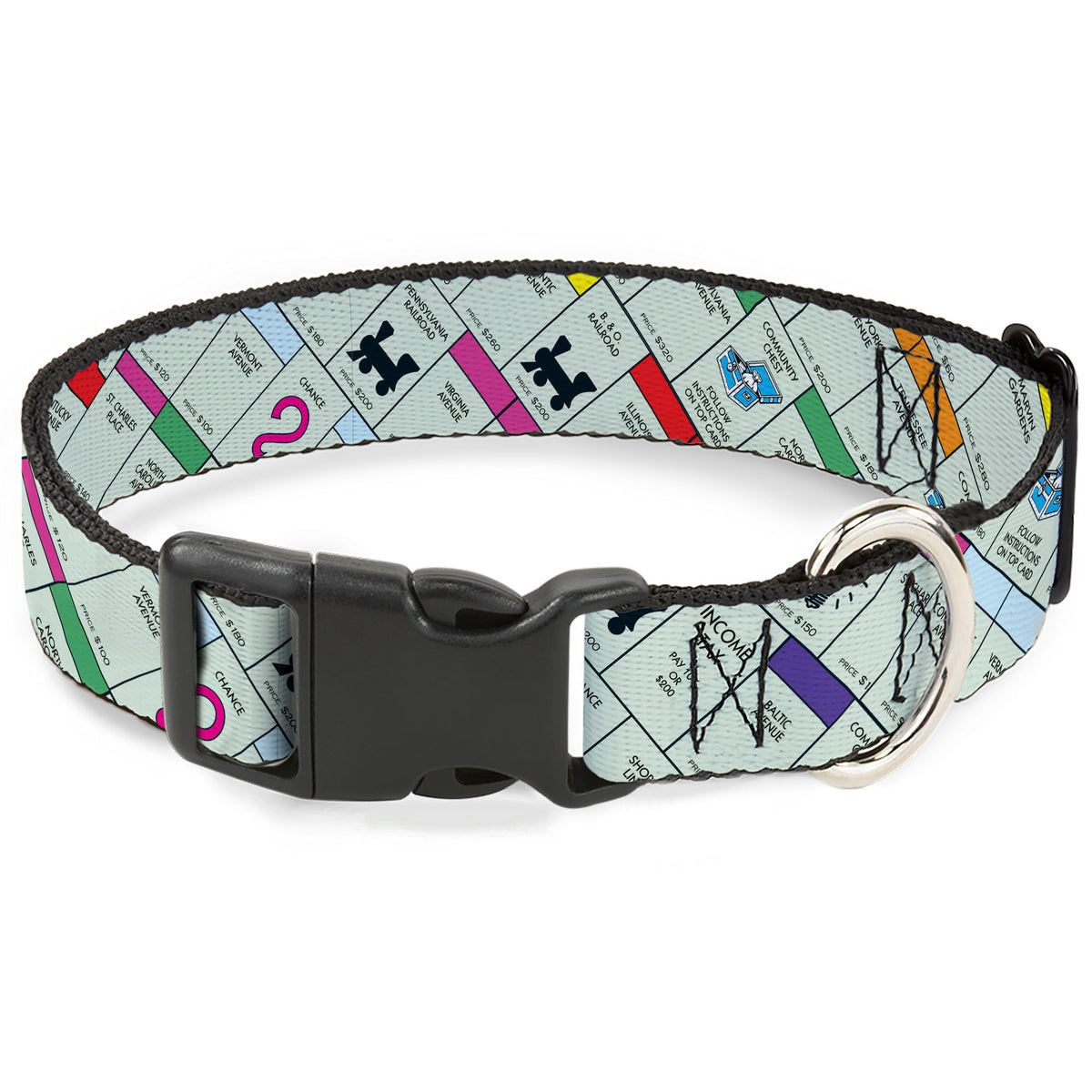 Plastic Clip Collar - Monopoly Game Board Spaces Collage Dog Collars Plastic Clip Side Release Monopoly