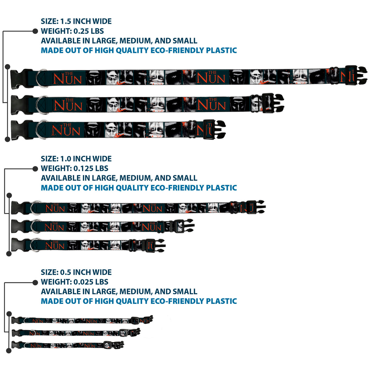 Plastic Clip Collar - THE NUN Demon Nun Valak Pose Blocks and Title Logo Blue/Red/White Dog Collars Plastic Clip Side Release The Nun