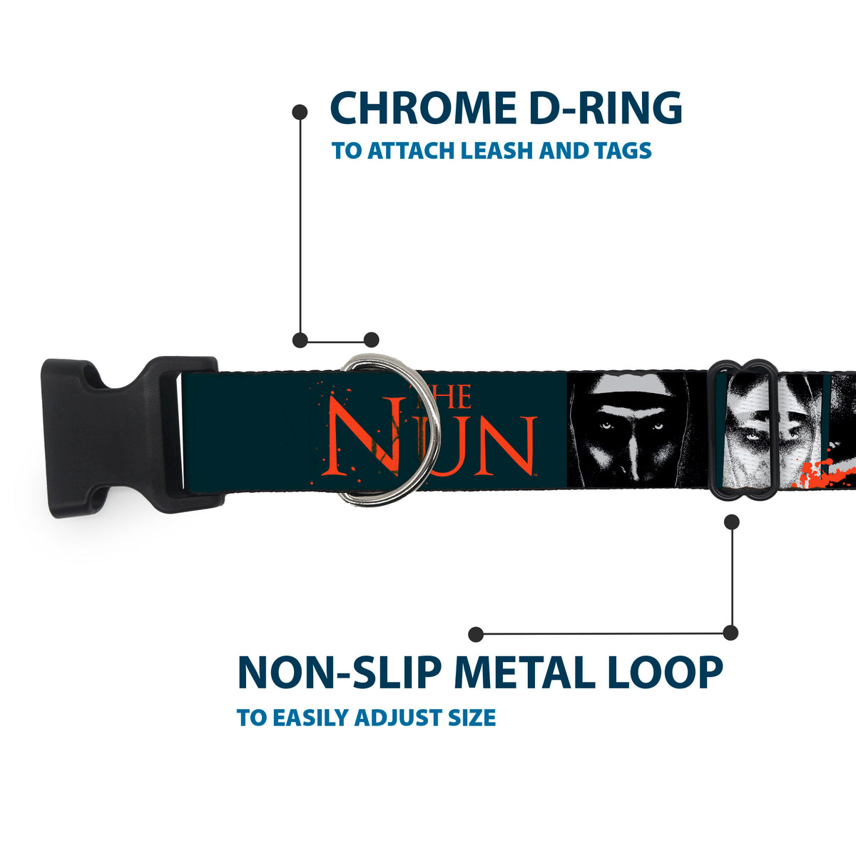 Plastic Clip Collar - THE NUN Demon Nun Valak Pose Blocks and Title Logo Blue/Red/White Dog Collars Plastic Clip Side Release The Nun