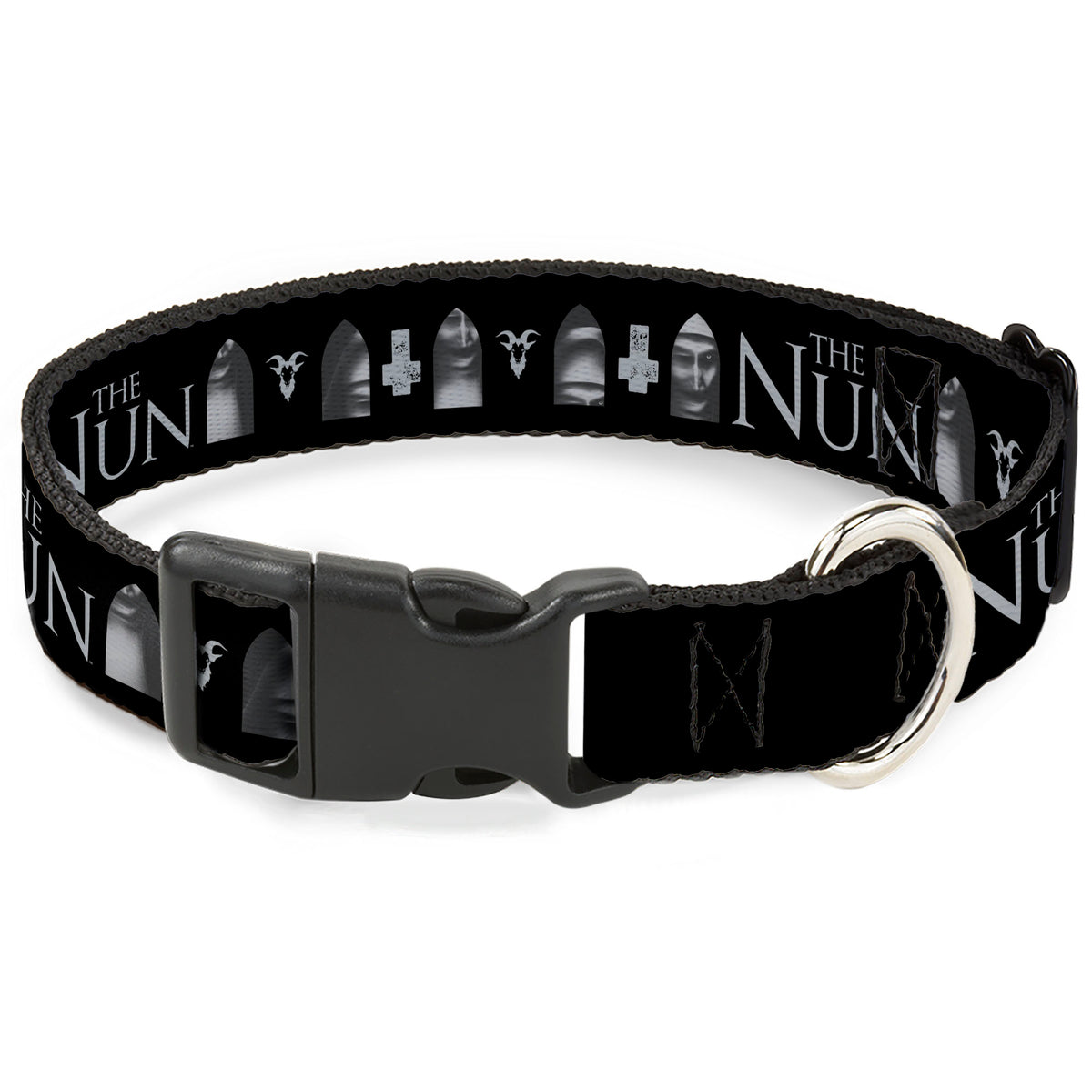 Plastic Clip Collar - THE NUN Demon Nun Valak Face with Icons and Title Logo Black/Grays Dog Collars Plastic Clip Side Release The Nun