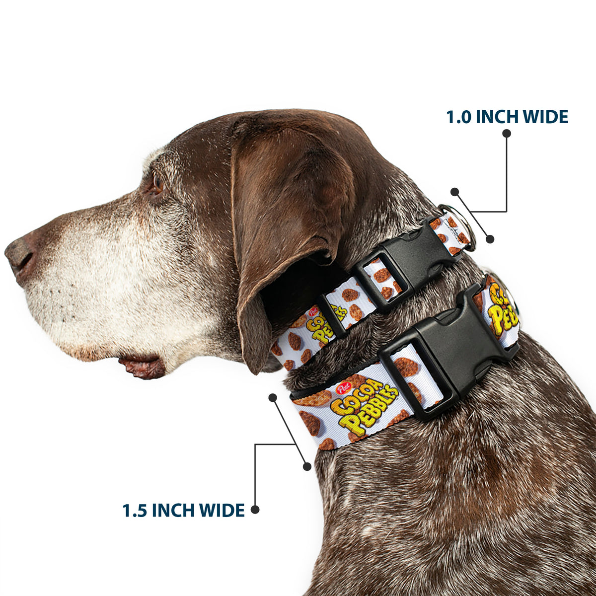 Plastic Clip Collar - POST COCOA PEBBLES Logo and Cereal Pebbles Scattered White/Browns Dog Collars Plastic Clip Side Release The Flintstones