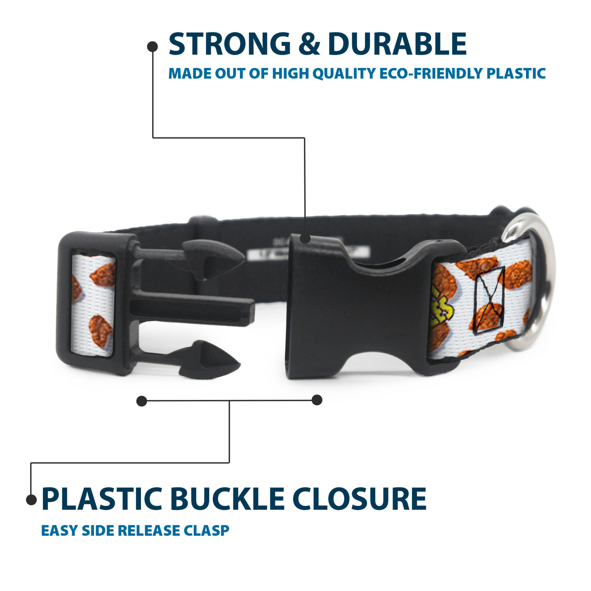 Plastic Clip Collar - POST COCOA PEBBLES Logo and Cereal Pebbles Scattered White/Browns Dog Collars Plastic Clip Side Release The Flintstones